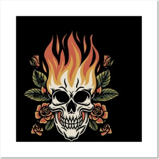 Retro Blaze Skull Tattoo - Vintage Flame Ink Posters and Art